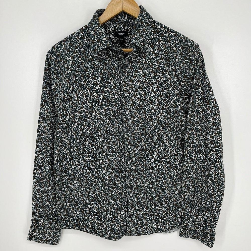 Express Slim 1MX Mens Medium Green Floral Ditsy‎ Long Sleeve Button Up Shirt